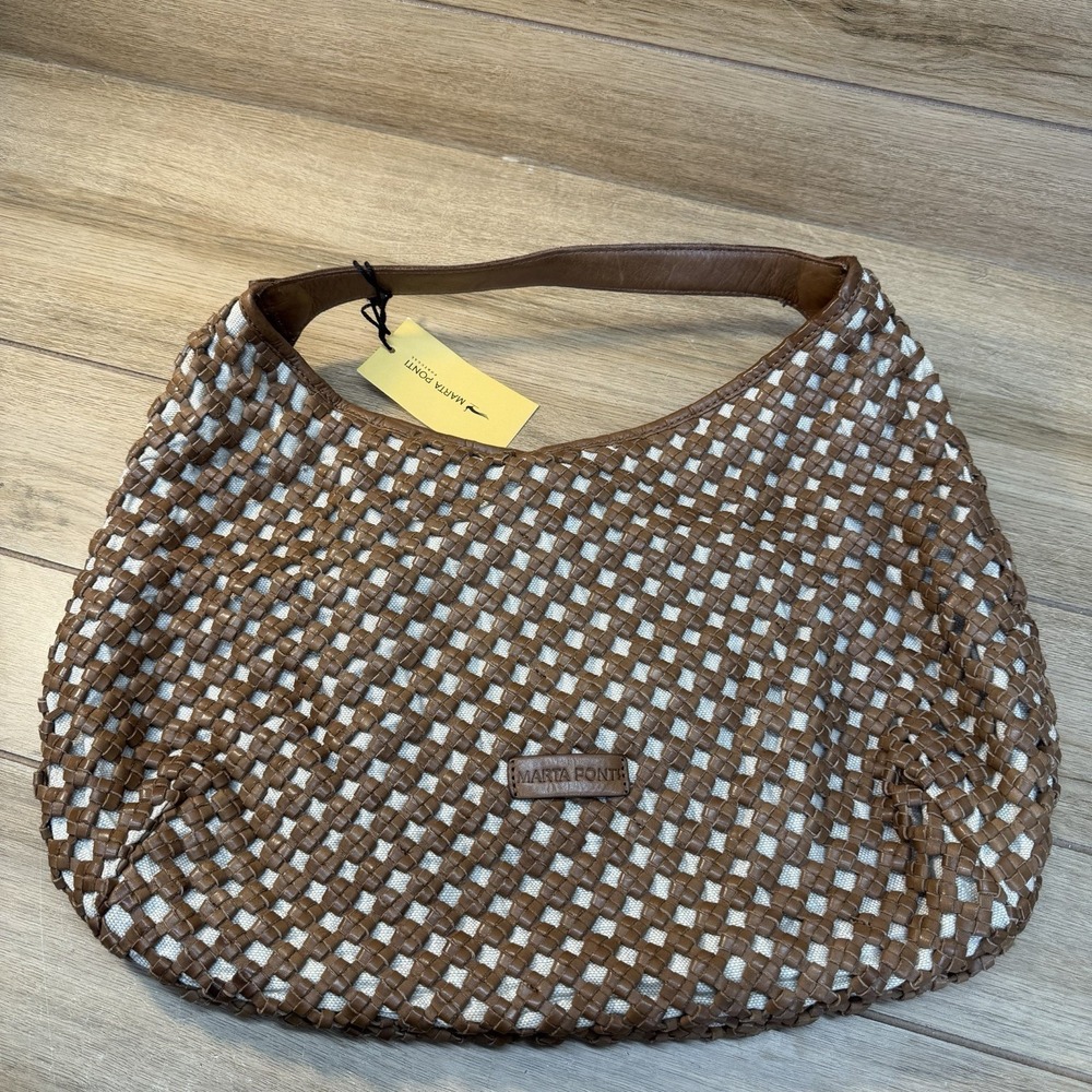 Marta Ponti Portugal Leather Fabric Woven Tote Shoulder Bag Chocolate Brown